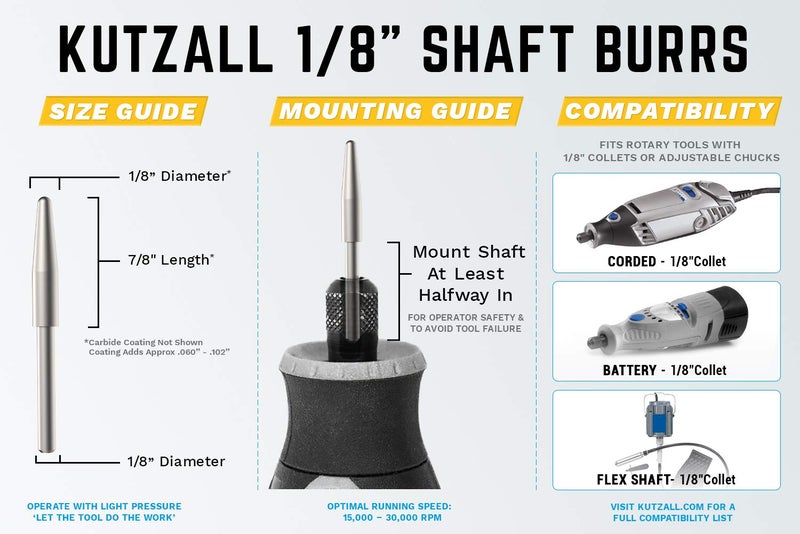 Kutzall Original Taper Rotary Burr, 1â„8" Shaft, Coarse - Wood Carving Bit for Dremel, Foredom, DeWalt, Milwaukee. Abrasive Tungsten Carbide, 1â„8" (3.1mm) Head Dia. X 7â„8" (22.2mm) Length, T-18-E - Image 3